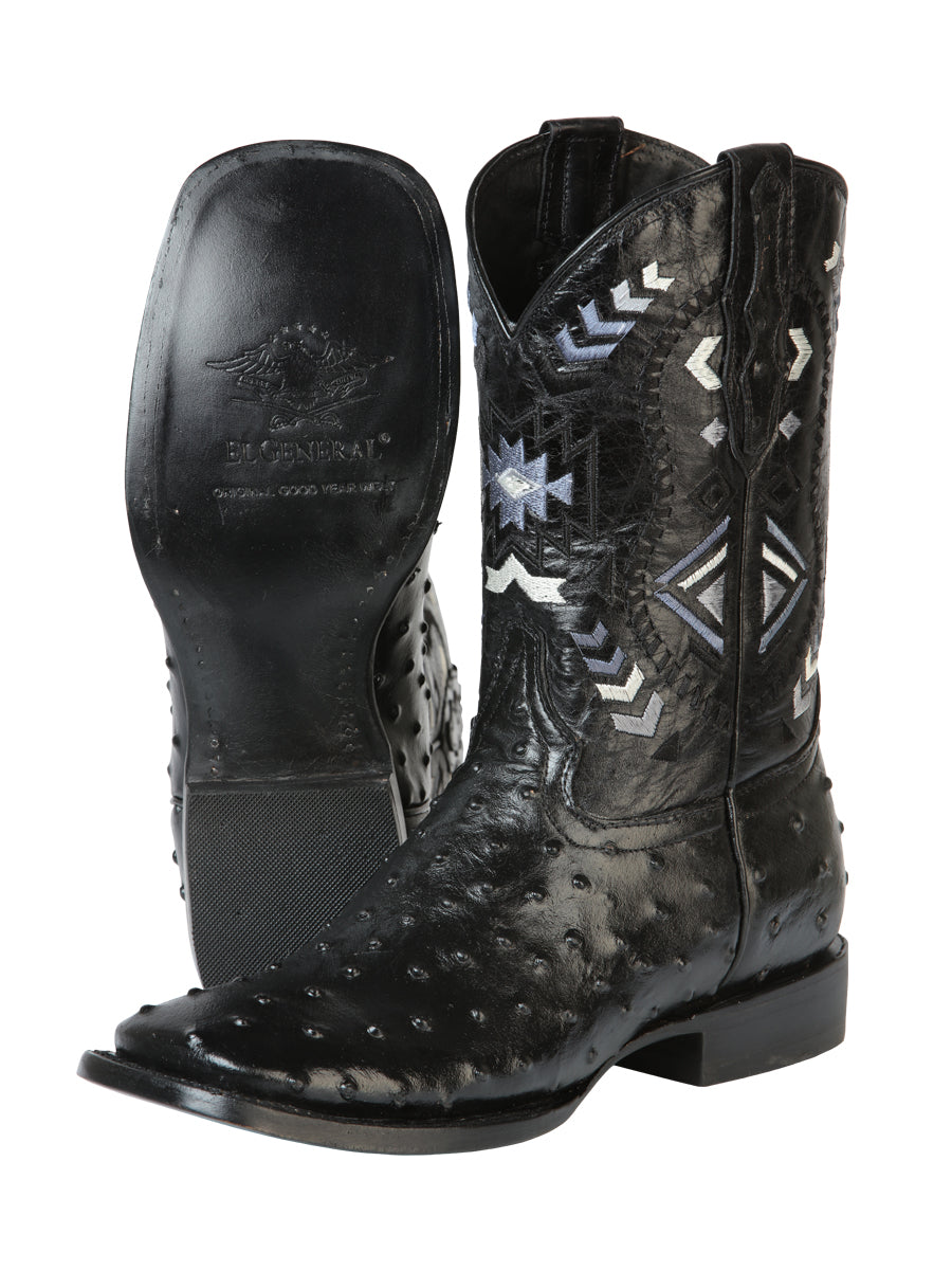 El General Men's Cowboy Rodeo Boot - 100% Leather Ostrich Print Black 51240