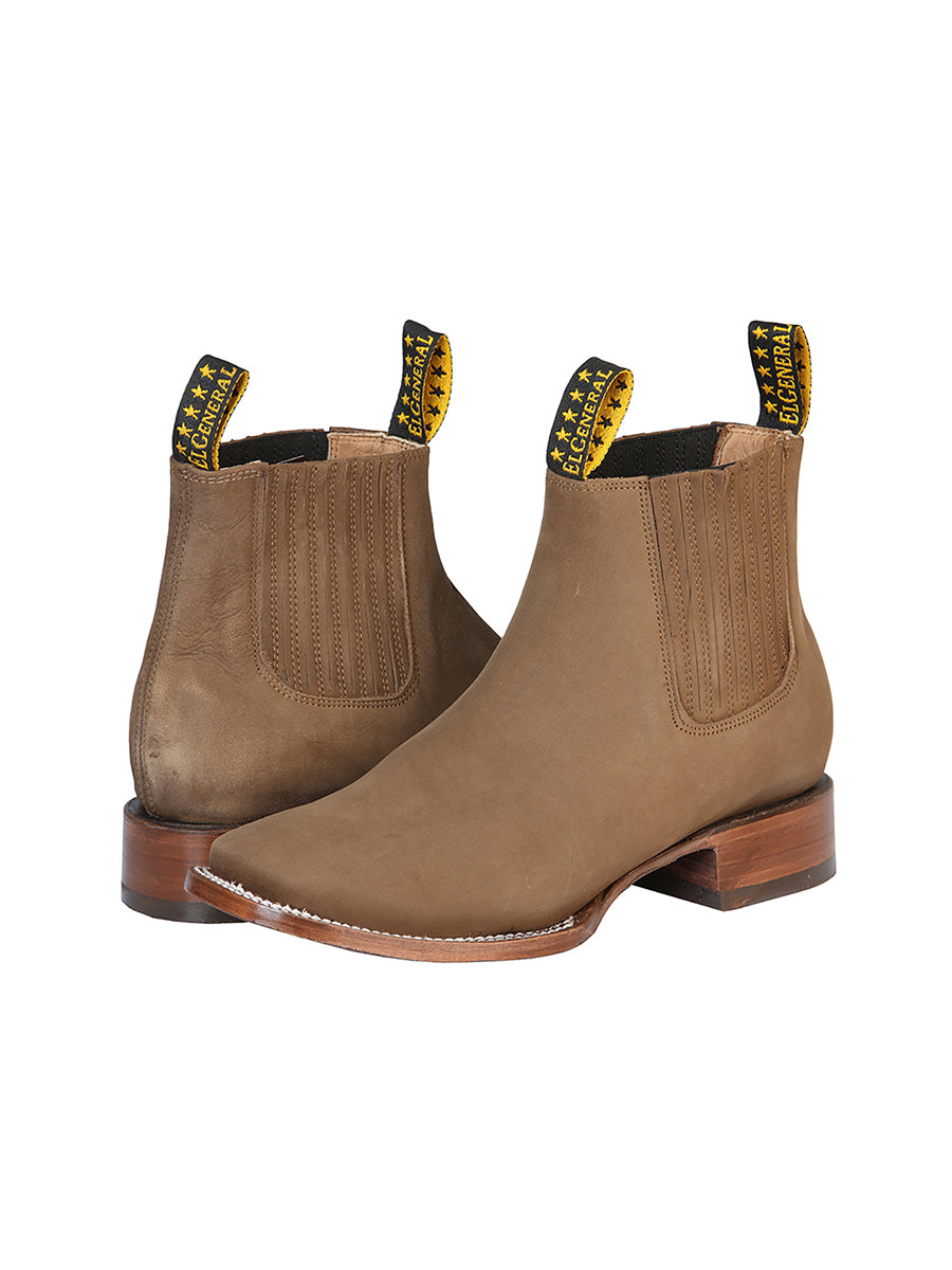 El General Square Toe Ankle Chelsea Boot w/o Embroidery- Botin Charro Cuadrado sin Ringle- Nobuck Brown 126192