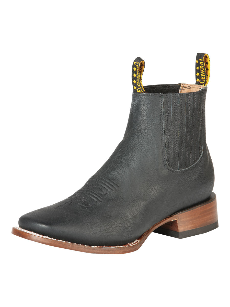 El General Men’s Ankle Chelsea Boots - Botin Charro Square Toe - Black 126610