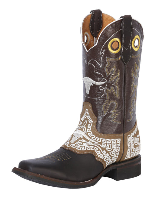 El General Men's Narrow Square Toe Cowboy Boot - Dark Brown - Bull Embroidery 33309