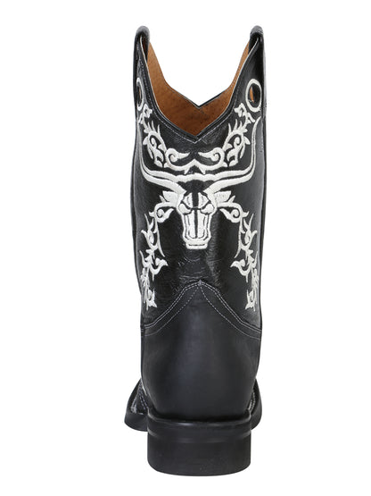 El General Men's  Narrow Square Toe Cowboy Boot - Crazy Black Bull Embroidery 34313