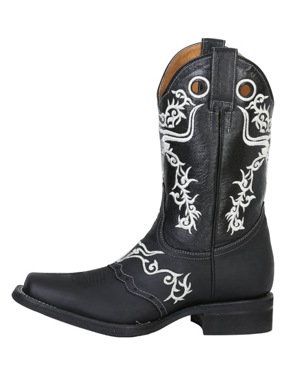 El General Men's  Narrow Square Toe Cowboy Boot - Crazy Black Bull Embroidery 34313
