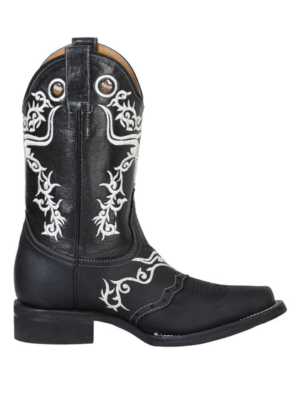 El General Men's  Narrow Square Toe Cowboy Boot - Crazy Black Bull Embroidery 34313