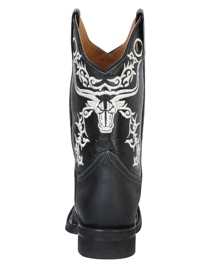 El General Men's  Narrow Square Toe Cowboy Boot - Crazy Black Bull Embroidery 34313