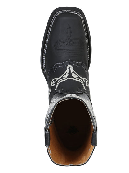 El General Men's  Narrow Square Toe Cowboy Boot - Crazy Black Bull Embroidery 34313