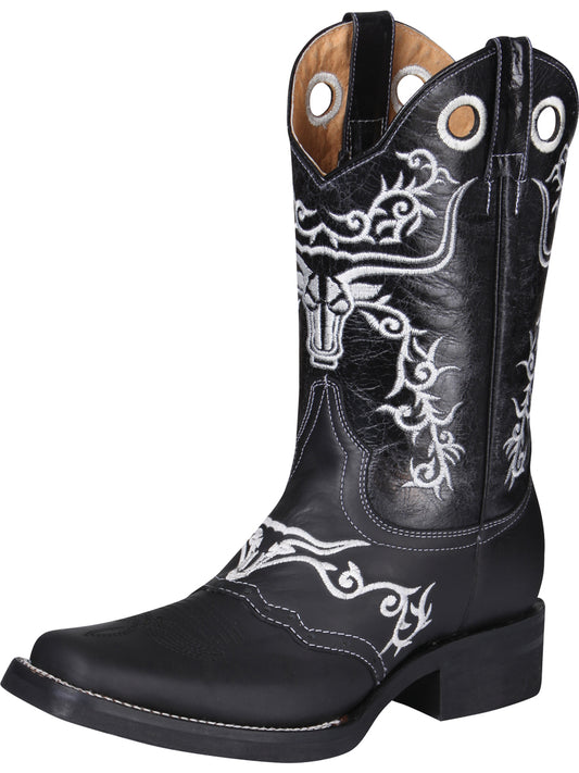 El General Men's  Narrow Square Toe Cowboy Boot - Crazy Black Bull Embroidery 34313