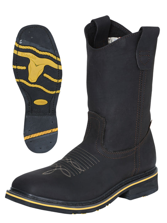 Establo Men’s Square Steel Toe Cowboy Work Boot - Crazy Leather Chocolate 41545