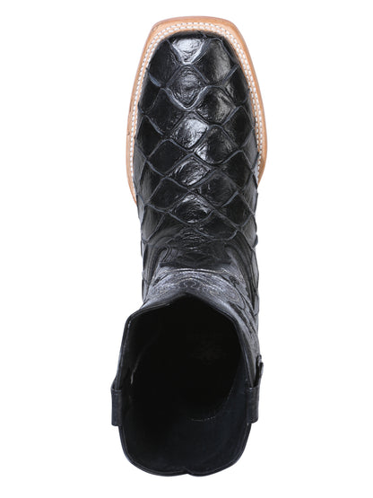 El General Men's Square Toe Cowboy Boot - Black Pirarucu Monster Fish Print 41792