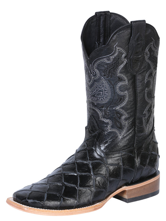 El General Men's Square Toe Cowboy Boot - Black Pirarucu Monster Fish Print 41792