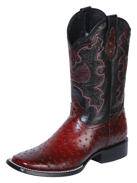 El General Men's Square Toe Cowboy Boot - Burgundy Ostrich Print 41901