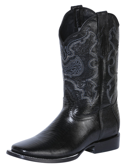 El General Men's Square Toe Cowboy Boot - Black Lizard Print 41904