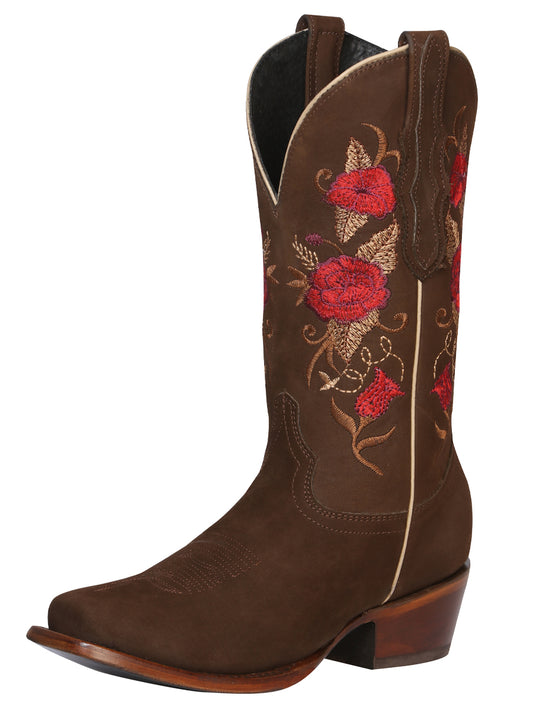 El General Women's Square Toe Cowboy Boot - Suede Brown 42025