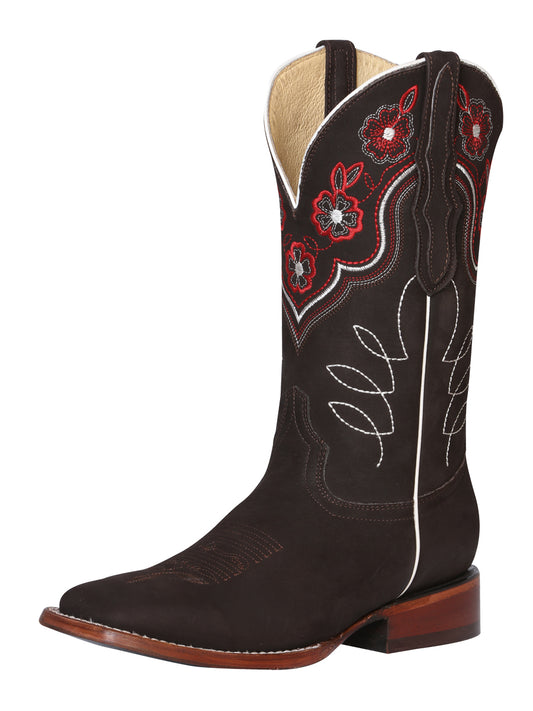 El General Women's Square Toe Cowboy Boot- Suede Dark Brown 42978