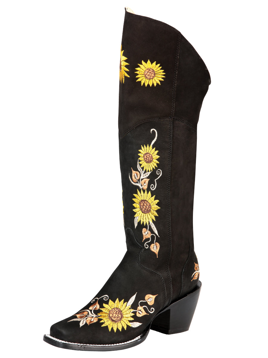 El General Women's Knee High Cowboy Boot-  Black Sunflowers 43914