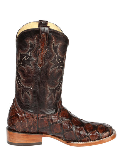 El General Men's Square Toe Exotic Pirarucu Monster Fish Cowboy Boots - Brown 44116