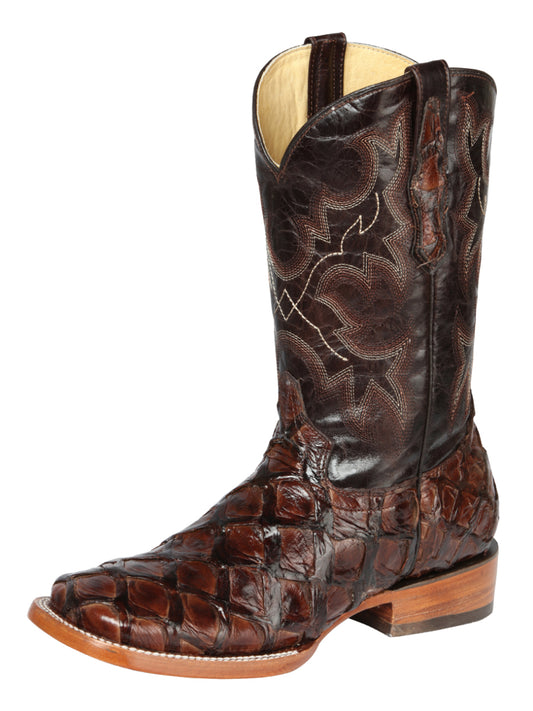 El General Men's Square Toe Exotic Pirarucu Monster Fish Cowboy Boots - Brown 44116