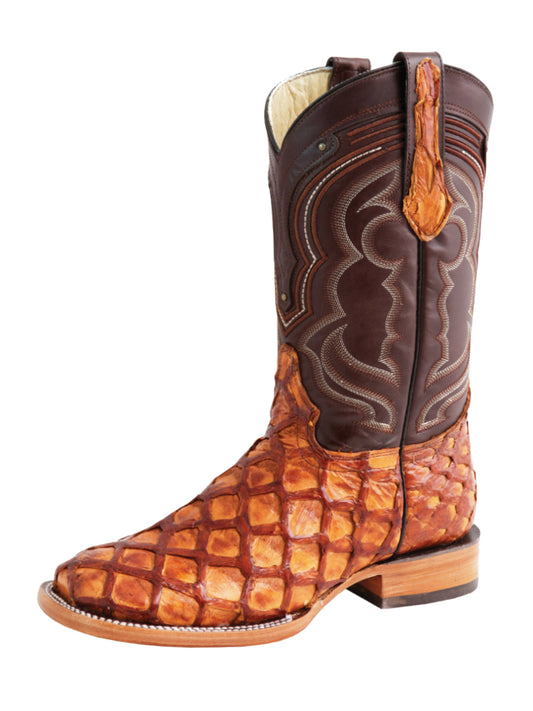 El General Men's Exotic Square Toe Pirarucu Monster Fish cowboy Boots - Honey 44606