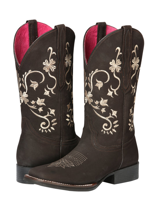 El Geneal Women's Square Toe Cowboy Boot - Nubuck Brown 44642