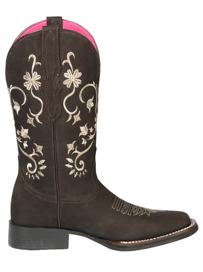El Geneal Women's Square Toe Cowboy Boot - Nubuck Brown 44642