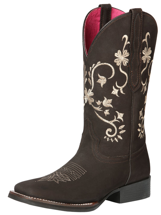 El Geneal Women's Square Toe Cowboy Boot - Nubuck Brown 44642