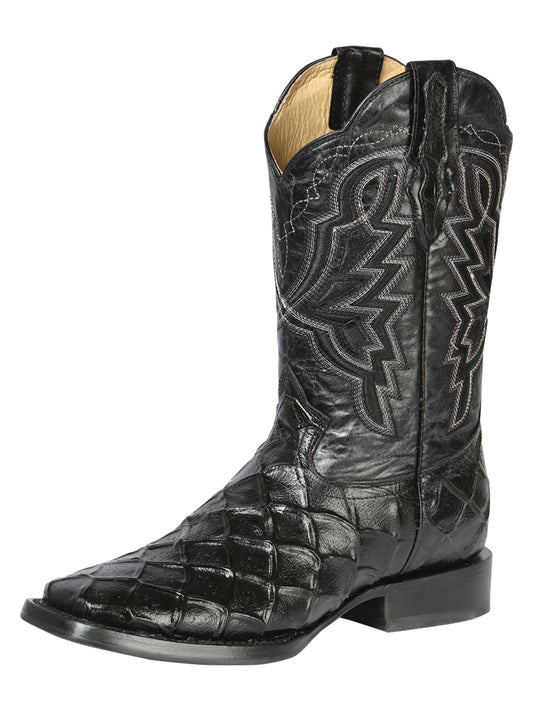 El General Men's Square Toe Cowboy Boot - Black Pirarucu Monster Fish Print 44663