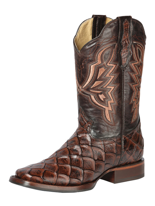 El General Men's Square Toe Cowboy Boot - Brown Pirarucu Monster Fish Print 44664