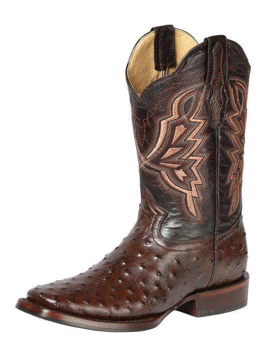 El General Men's Square Toe Cowboy Boot- Brown Ostrich Print  44665