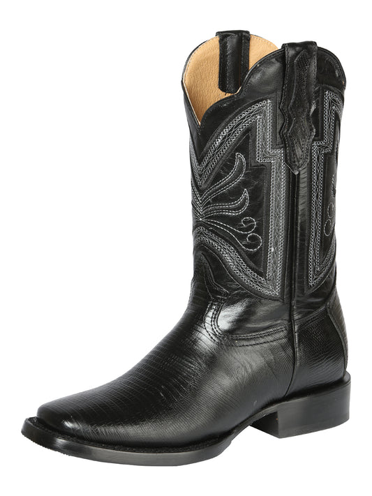 El General Men's Square Toe Cowboy Boot - Black Lizard Print 44666