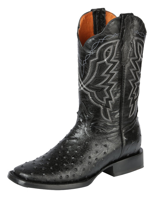 El General Men's Sqaure Toe Cowboy Boot - Black Ostrich Print 44673