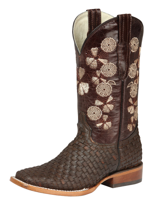 El General Women’s Square Toe Cowboy Boots Petatillo/Woven Pattern - Brown 44855
