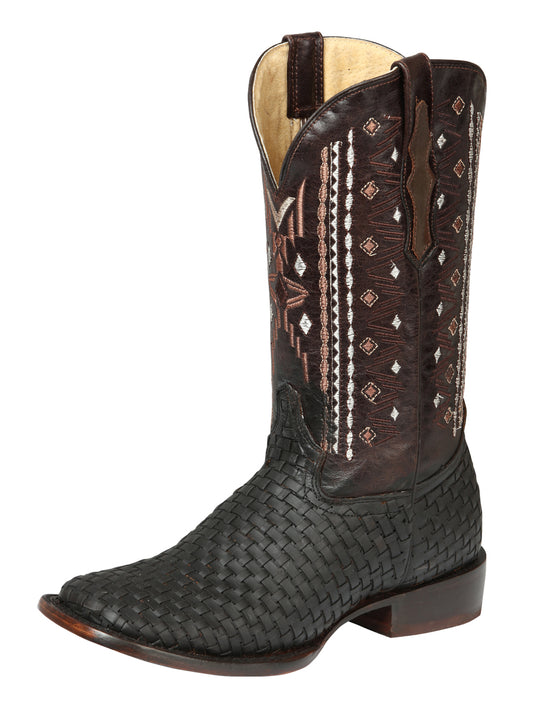 El General Men's Leather Wide Square Toe Cowboy Boots - Petatillo/Woven Pattern - Crazy Brown 44861