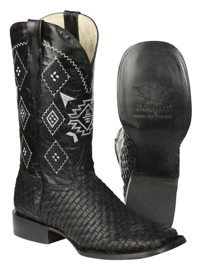 El General Men's Leather Wide Square Toe Cowboy Boots - Petatillo/Woven Pattern - Black 44884
