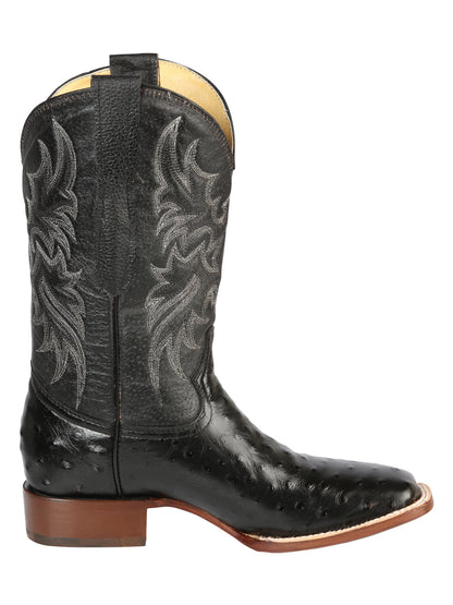 El General Men's Square Toe Leather Cowboy Boots- Ostrich Print - Black 44935