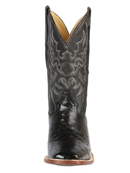 El General Men's Square Toe Leather Cowboy Boots- Ostrich Print - Black 44935
