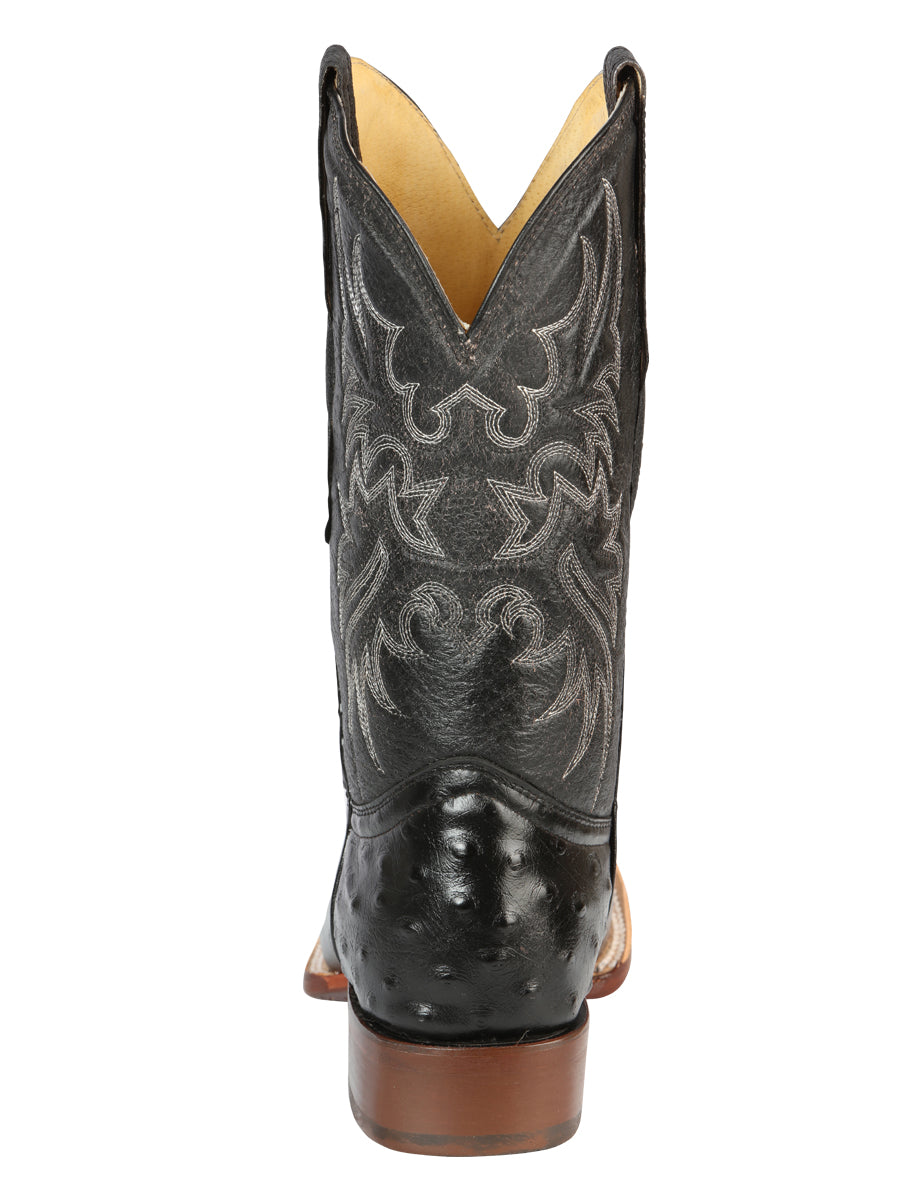 El General Men's Square Toe Leather Cowboy Boots- Ostrich Print - Black 44935