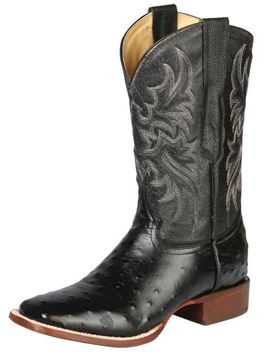 El General Men's Square Toe Leather Cowboy Boots- Ostrich Print - Black 44935