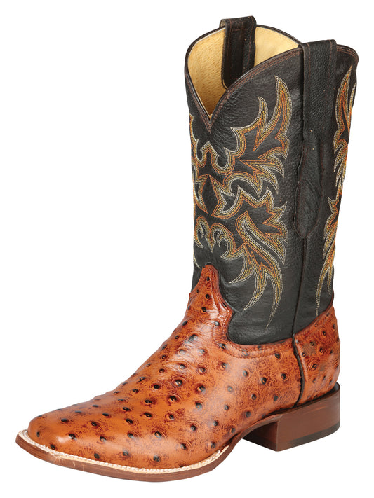 El General Men's Square Toe Leather Cowboy Boots - Ostrich Print - Cogñac 44936