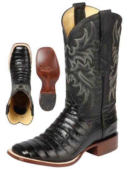 El General Men's Square Toe Leather Cowboy Boots - Caiman Belly Print - Black 44938