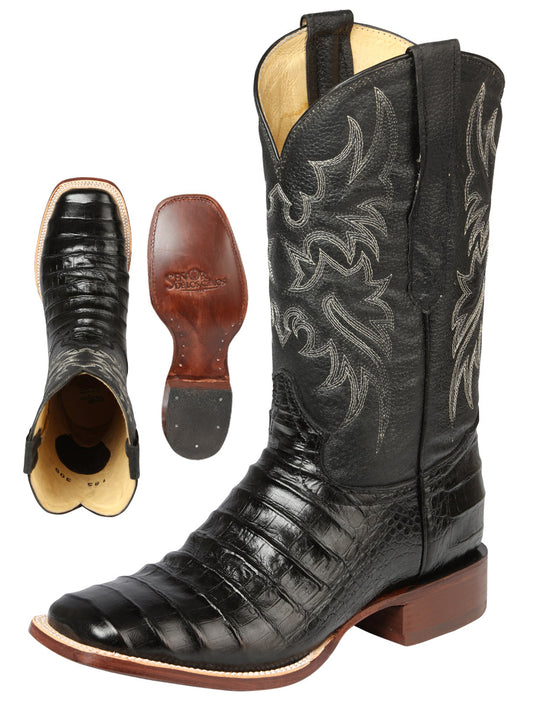 El General Men's Square Toe Leather Cowboy Boots - Caiman Belly Print - Black 44938