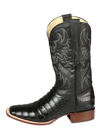El General Men's Square Toe Leather Cowboy Boots - Caiman Belly Print - Black 44938