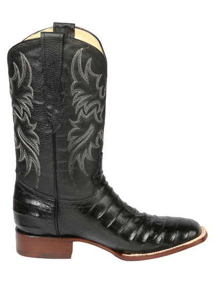 El General Men's Square Toe Leather Cowboy Boots - Caiman Belly Print - Black 44938