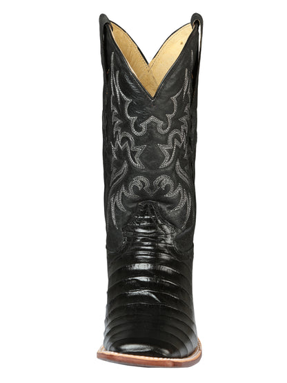 El General Men's Square Toe Leather Cowboy Boots - Caiman Belly Print - Black 44938