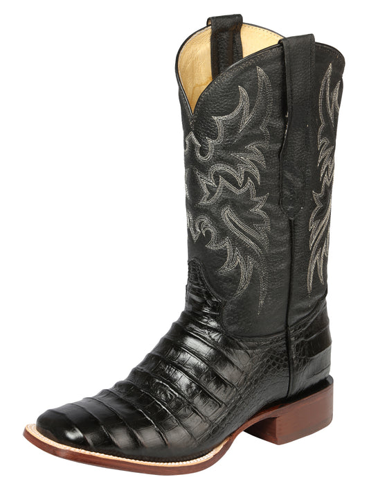 El General Men's Square Toe Leather Cowboy Boots - Caiman Belly Print - Black 44938
