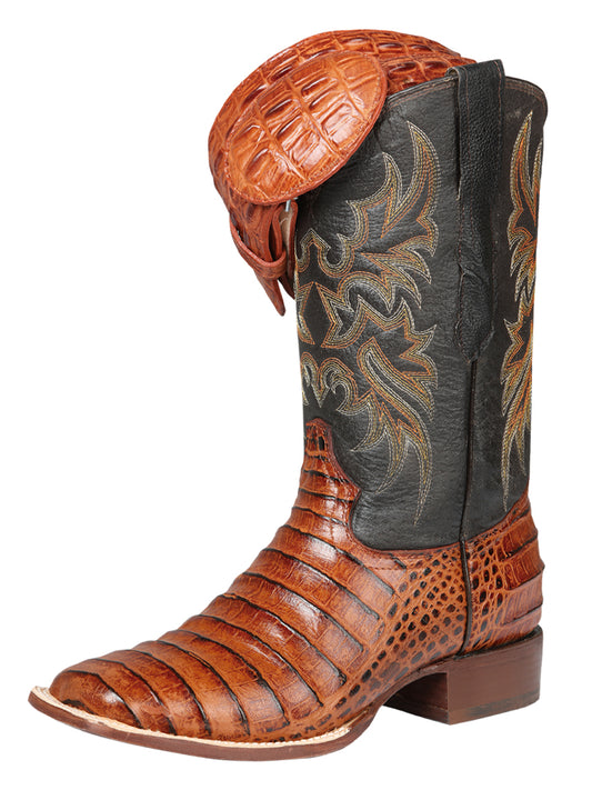 El General Men's Square Toe Leather Cowboy Boots - Caimen Belly Print  - Cogñac 44939