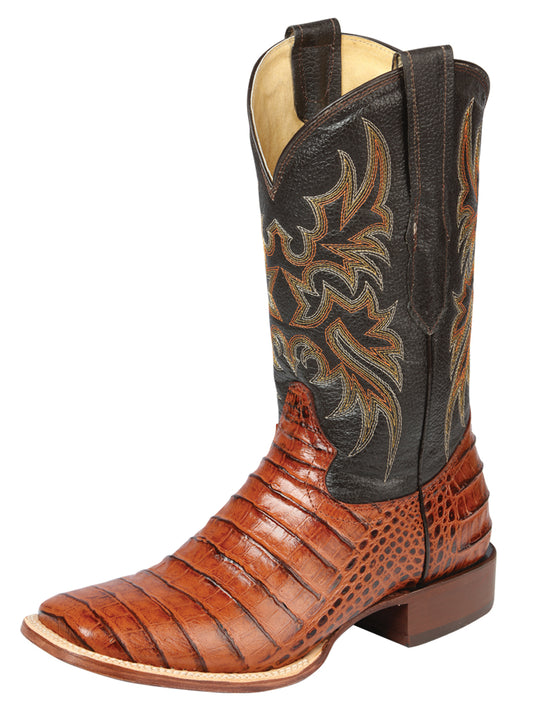 El General Men's Square Toe Leather Cowboy Boots - Caimen Belly Print  - Cogñac 44939