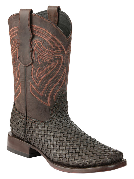 El General Men's Leather Square Toe Cowboy Boots - Petatillo/Woven Pattern - Chocolate 45013