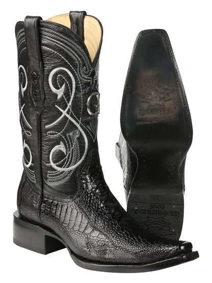El General Men's Exotic Real Genuine Ostrich Leg Cowboy Boots - Versace Toe - Black 45067