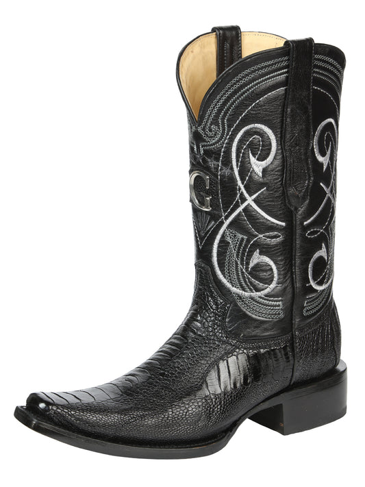 El General Men's Exotic Real Genuine Ostrich Leg Cowboy Boots - Versace Toe - Black 45067