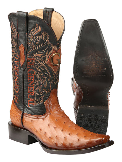 El General Men's Exotic Full Quill Ostrich Cowboy Boot -Versace Toe  - Cognac 45077
