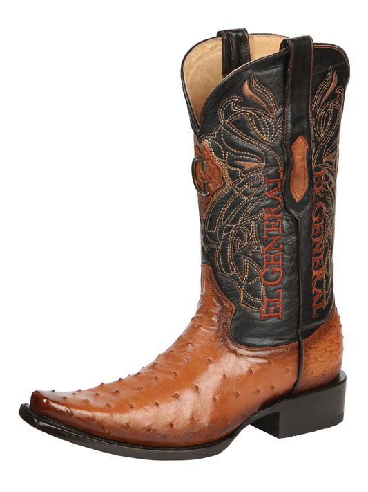 El General Men's Exotic Full Quill Ostrich Cowboy Boot -Versace Toe  - Cognac 45077